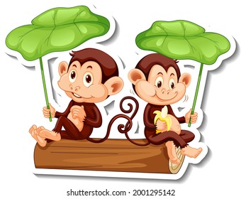 Sticker template with two monkeys holding a leaf on white background illustration