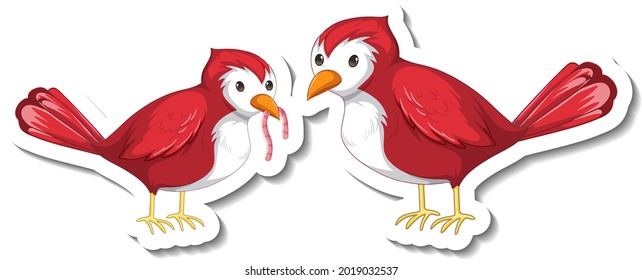 Sticker template with two red birds isolated on white background illustration