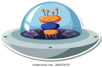 Sticker template with unidentified flying object (UFO) isolated illustration