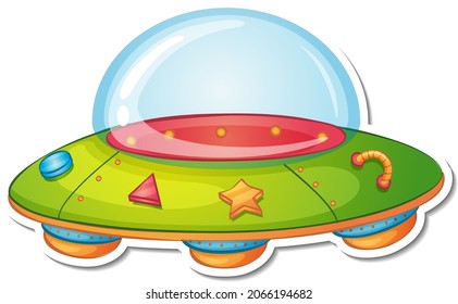 Sticker template with unidentified flying object (UFO) isolated illustration