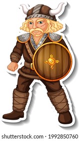 Sticker template with Viking warrior cartoon character isolated illustration