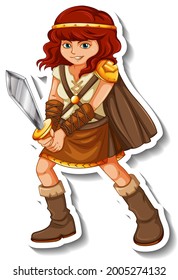 Sticker template with Viking warrior cartoon character isolated illustration