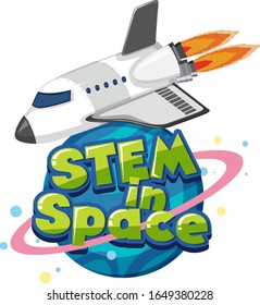 Plantilla adhesiva para la palabra STEM en el espacio con ilustración de buque cohete