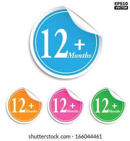 Sticker with text "12 Months +" for  baby products.