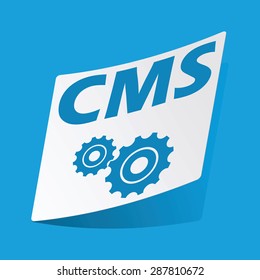 Sticker with text CMS and two gears, isolated on blue