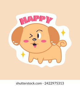 Sticker with text and pet of colorful set. This heartwarming illustration combines a cute puppy in a charming cartoon design with the uplifting text happy . Vector illustration.