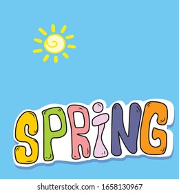 Aufkleber mit dem Text Spring.Vektorillustration Illustration auf blauem, isoliertem Hintergrund. Design für Postkarten und Banner.Natur