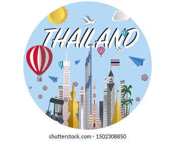 Sticker Thailand country city skyline, craft vector illustration. Colorful art, travel places theme cityscape, landscape, tourism background card, poster. Thai asian architecture and culture with flag