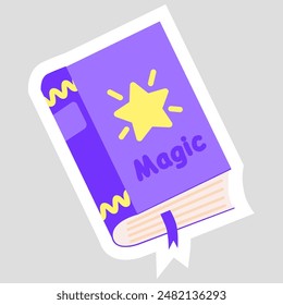 Sticker with thick magic book with spells, cartoon style vector for kids