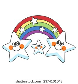 Sticker three joyful magic stars disco friends with rainbow and little stars. Flat style. Vector illustration.