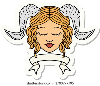 sticker of a tiefling character face with scroll banner