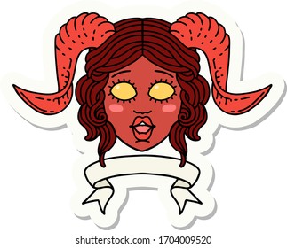 sticker of a tiefling character face with scroll banner
