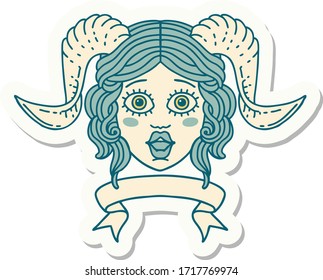 sticker of a tiefling character face with scroll banner