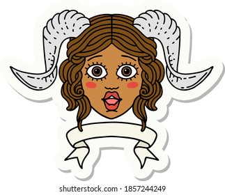 sticker of a tiefling character face with scroll banner