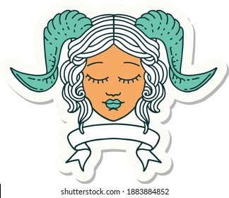 sticker of a tiefling character face with scroll banner