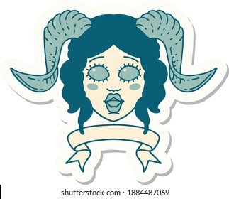 sticker of a tiefling character face with scroll banner