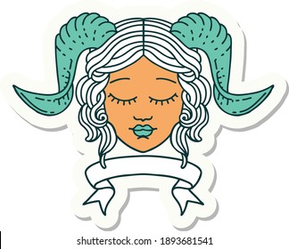sticker of a tiefling character face with scroll banner