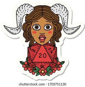 sticker of a tiefling with D20 natural twenty dice roll