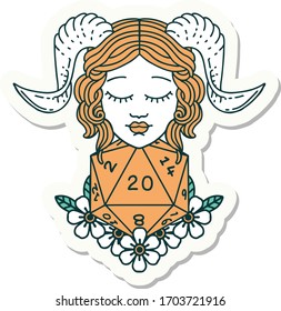 sticker of a tiefling with natural 20 D20 dice roll