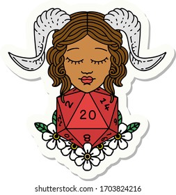 sticker of a tiefling with natural 20 D20 dice roll