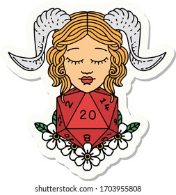 sticker of a tiefling with natural 20 D20 dice roll
