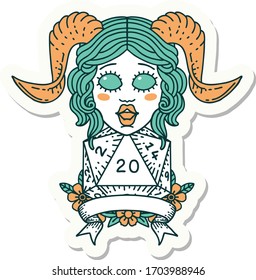 sticker of a tiefling with natural 20 D20 roll
