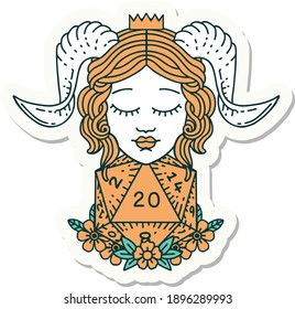 sticker of a tiefling with natural twenty d20 dice roll