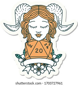 sticker of a tiefling with natural twenty dice roll