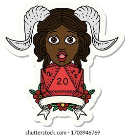 sticker of a tiefling with natural twenty dice roll