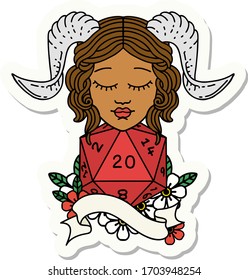sticker of a tiefling with natural twenty dice roll