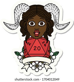 sticker of a tiefling with natural twenty dice roll