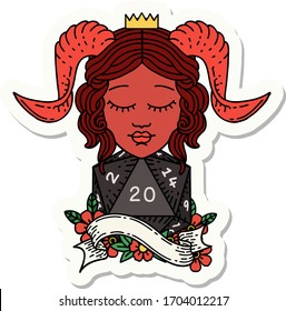 sticker of a tiefling with natural twenty dice roll