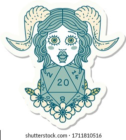 sticker of a tiefling with natural twenty dice roll