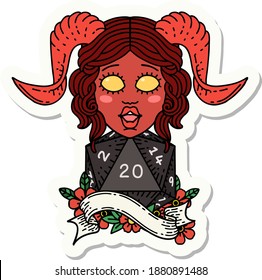 sticker of a tiefling with natural twenty dice roll