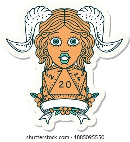 sticker of a tiefling with natural twenty dice roll