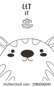 Sticker tiger boy with Let it snow text on white background. Symbol of 2022 year. Cheerful kind animal child. Cartoons flat style. Funny. Vector EPS