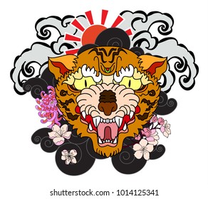 Sticker Tiger face Chinese style.Tiger face tattoo and red seun.chrysanthemum flower and cherry blossom on could background.