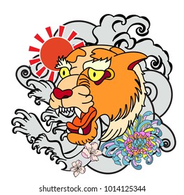 Sticker Tiger face Chinese style.Tiger face tattoo and red seun.chrysanthemum flower and cherry blossom on could background.