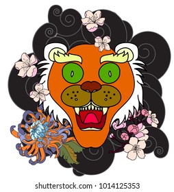 Sticker Tiger face Chinese style.Tiger face tattoo and red seun.chrysanthemum flower and cherry blossom on could background.