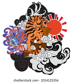 Sticker Tiger face Chinese style.Tiger face tattoo and red seun.chrysanthemum flower and cherry blossom on could background.