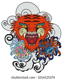 Sticker Tiger face Chinese style.Tiger face tattoo and red seun.chrysanthemum flower and cherry blossom on could background.