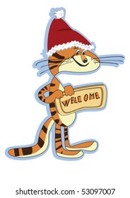 Sticker. Tiger Santa with tablet