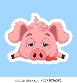 Sticker of a Tired Little Pig with His Tongue Sticking Out. Vector Illustration of Funny Cartoon Character for Children