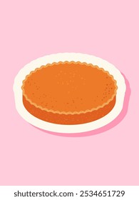 A sticker of a traditional fall pumpkin pie isolated on a light pink banner. Vector.