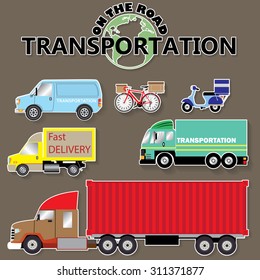 Sticker transportation icons by road. In vector illustration format.