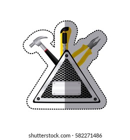 sticker triangle metallic frame with grille perforated and tools vector illustration