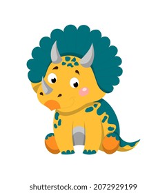 Sticker of Triceratops. Different types of dinosaurs, cute baby animal. Prehuman nature, palientology, prehistoric, BC. Badges for childrens portfolios, icons. Cartoon flat vector illustration