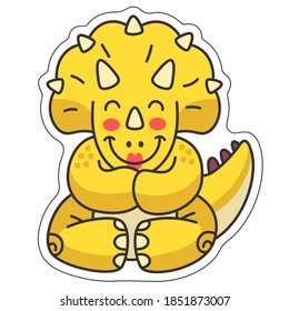  Sticker triceratops dinosaur in yoga pose. Vector illustration in cartoon style with a cute character, a dinosaur, who sits in a yoga pose and smiles. For use for children's products, as a sticker.