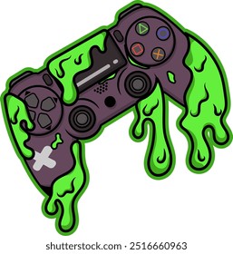 Sticker and T-shirt design with green slime-covered game stick object, eps 10, editable.