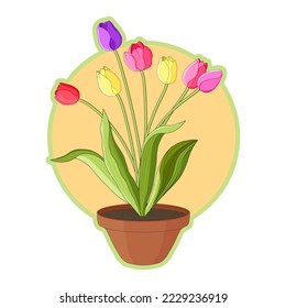Sticker tulips in a pot.Vector illustration.